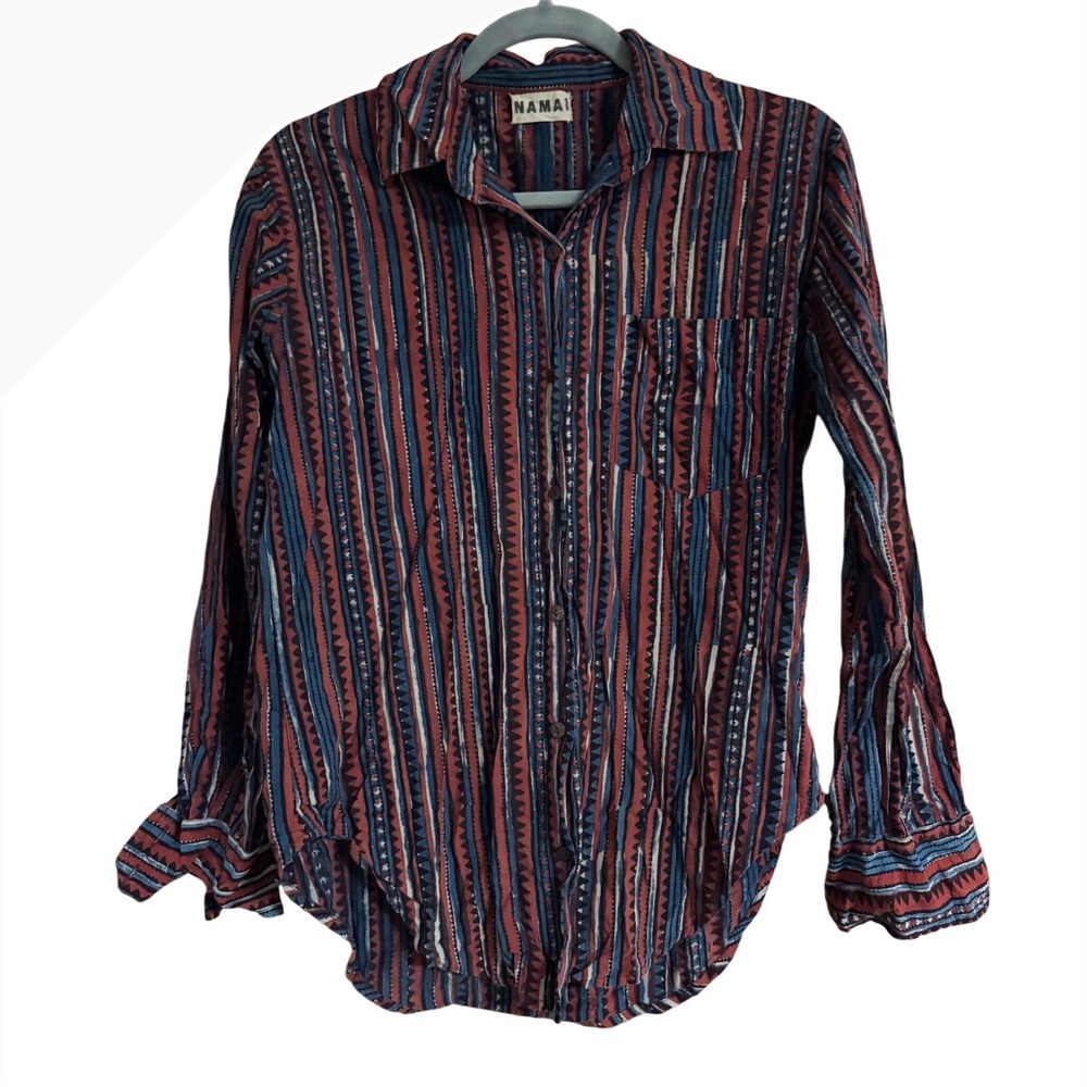Namai Womens Cotton Button Down Shirt Blue Red Geometric Stripe Print Size M